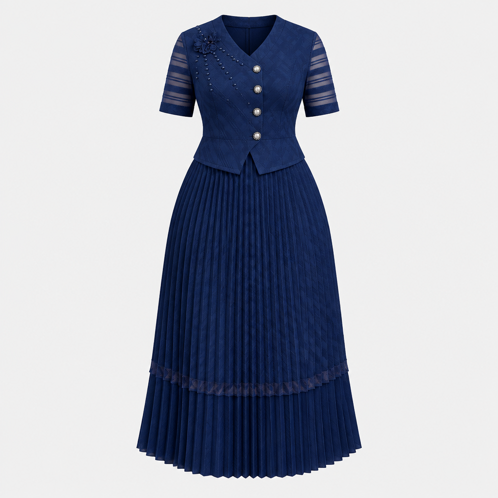 Navy V-neck pleated dress on invisible mannequin