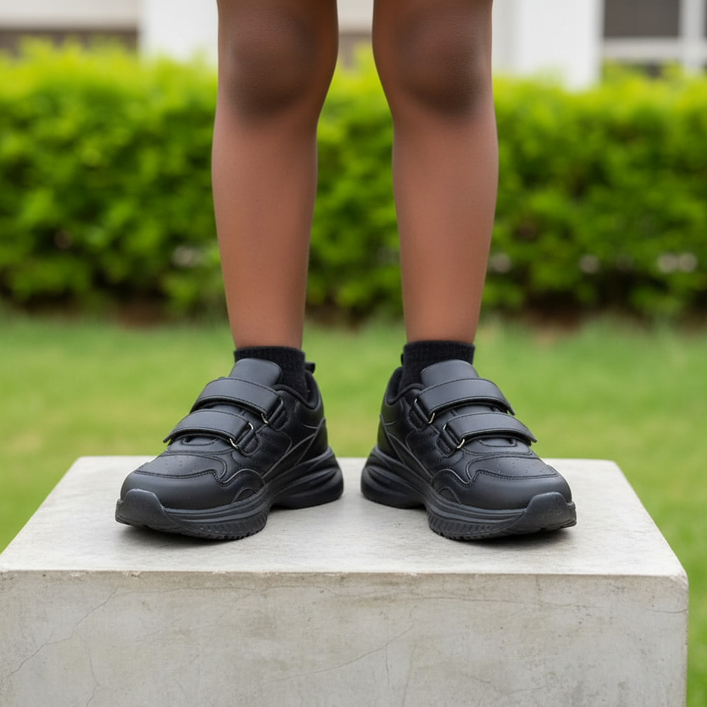 Nigerian child wearing all-black velcro chunky sneakers