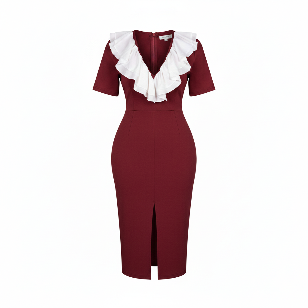 Women's burgundy ruffle neck bodycon midi dress – ghost mannequin view