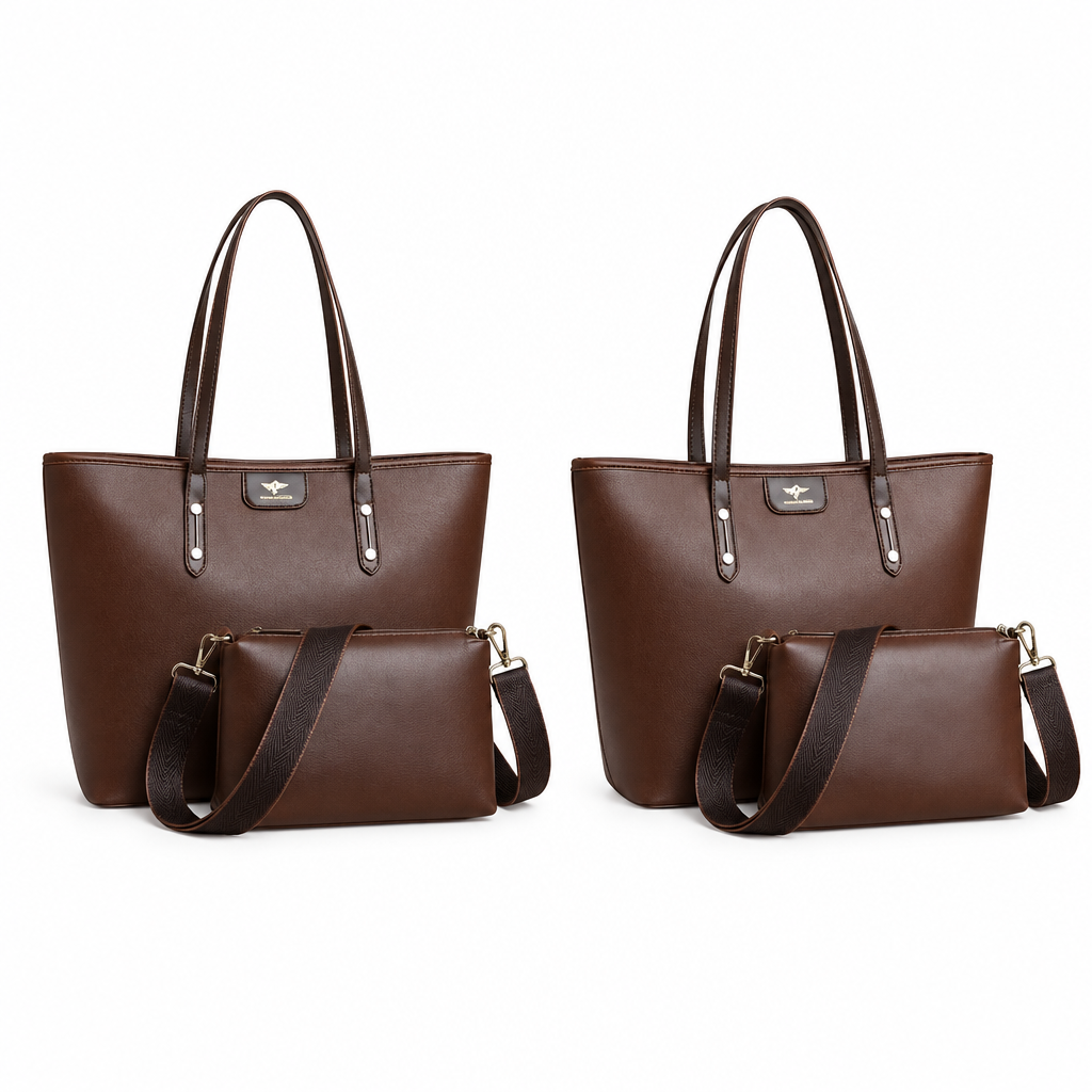 Brown two-piece tote bag set shown in front and side catalog views
