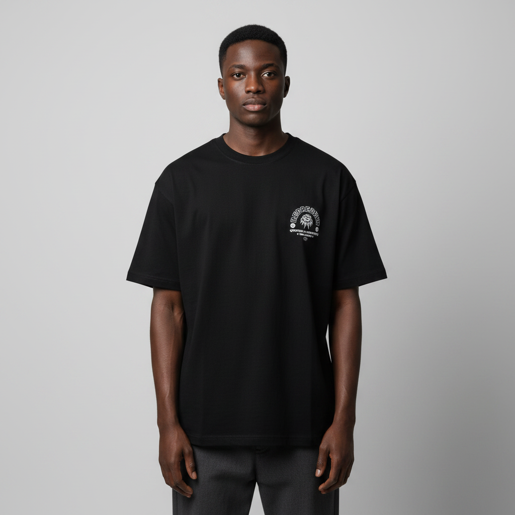 Model wearing black chest emblem tee