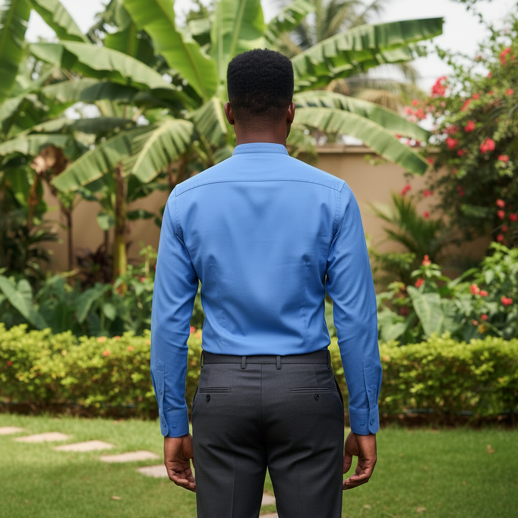 Nigerian model wearing Blue Mandarin Collar Shirt – Back View