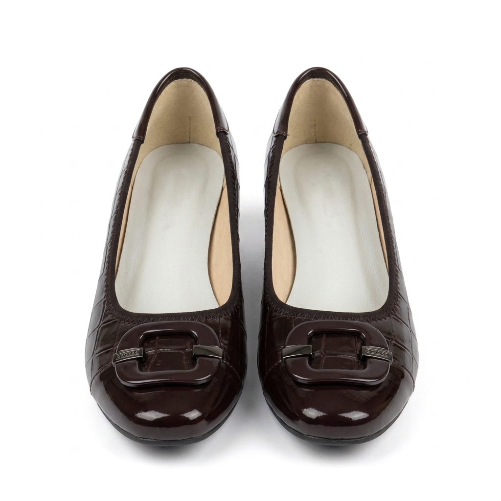Matching burgundy-brown croc-embossed tab-detail wedge shoes