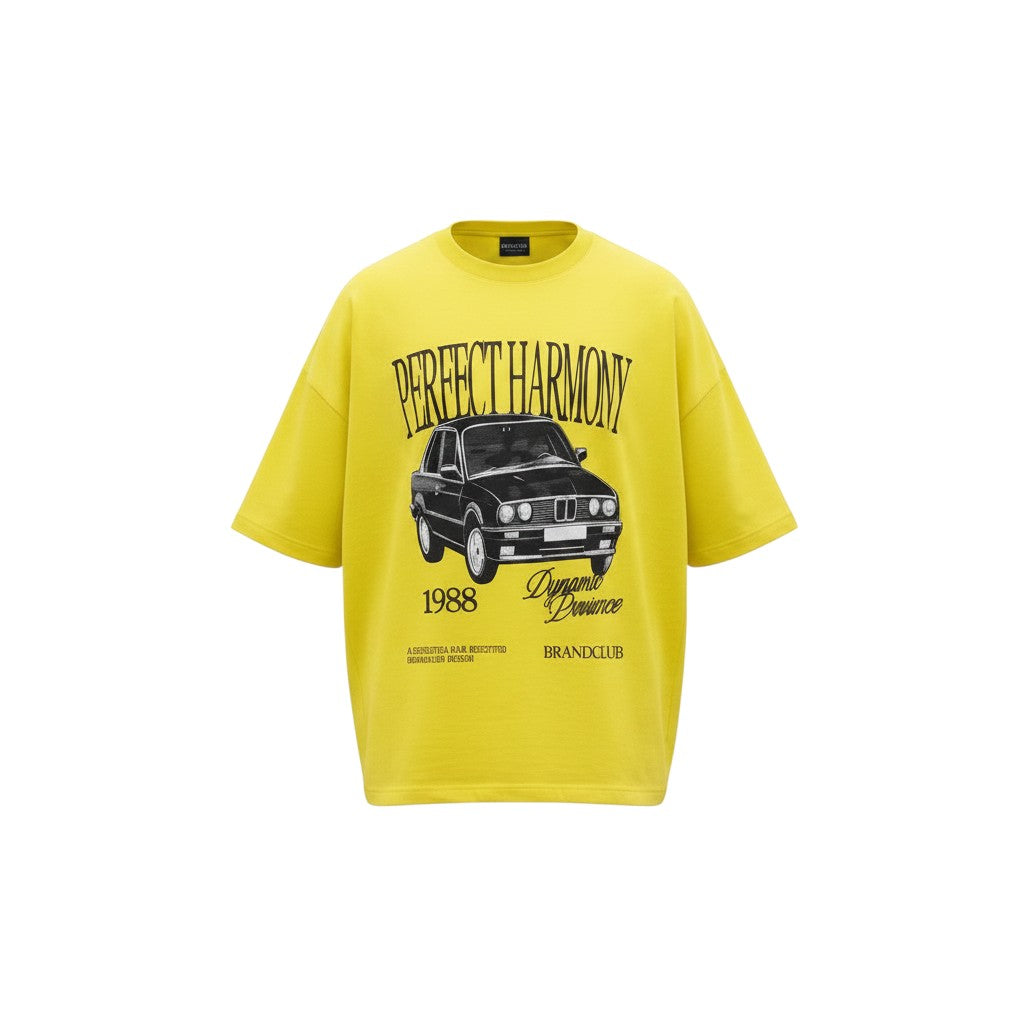 Men's Bright Yellow Oversized Vintage Car Graphic Tee