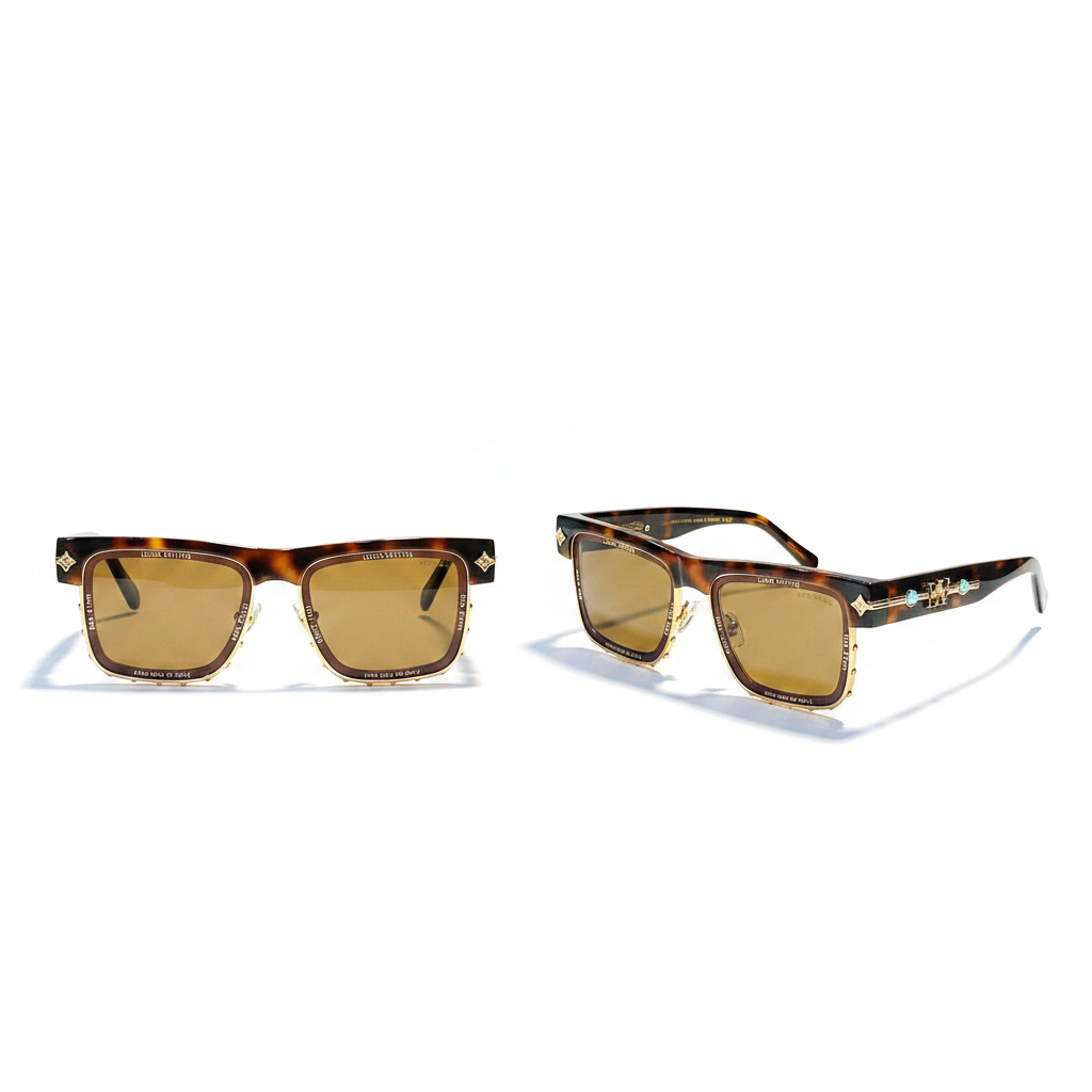 Square Half-Rim Sunglasses Tortoiseshell Brown – Ghost Mannequin Front and Side View