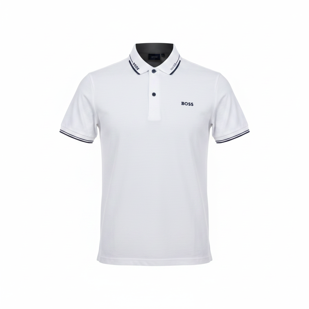 Ghost mannequin front view of white navy-tipped polo shirt