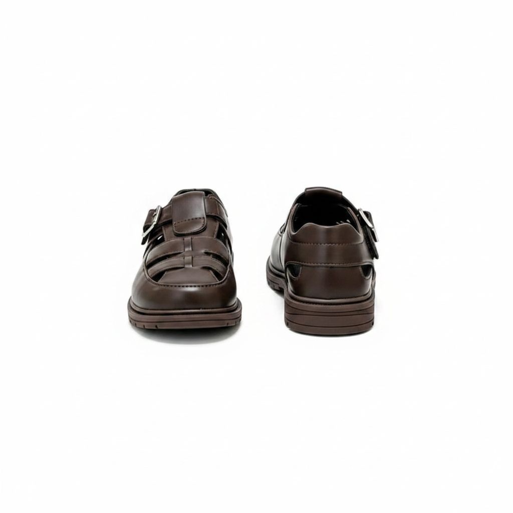 Kids dark brown buckle strap school sandal pair — ghost mannequin front and side view