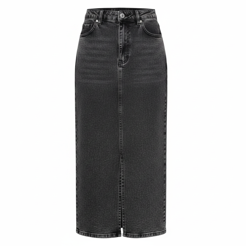 Charcoal Grey Acid Wash Midi Denim Skirt – Ghost Mannequin Front