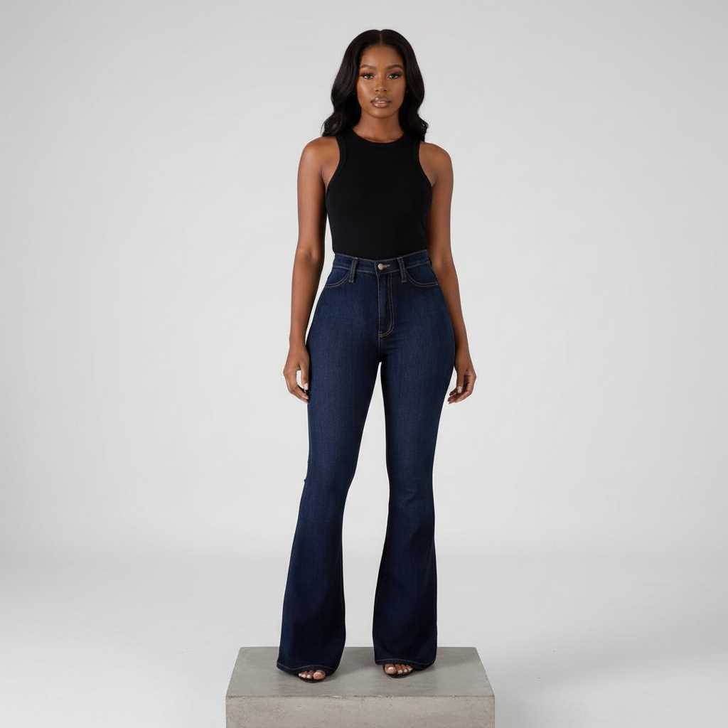 Dark Indigo High-Waist Bell Bottom Flare Jeans – Front Model