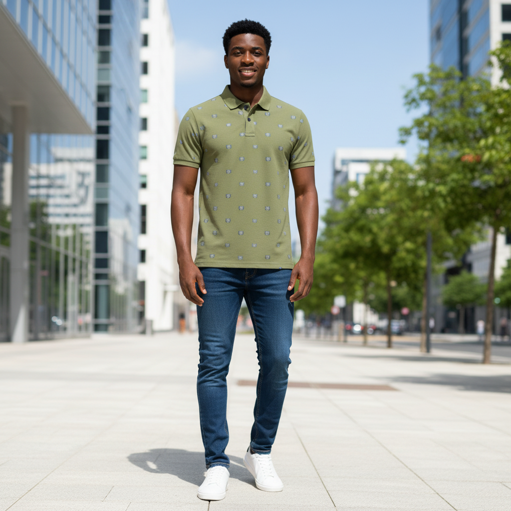 Young Nigerian male model wearing olive green crest emblem print polo shirt
