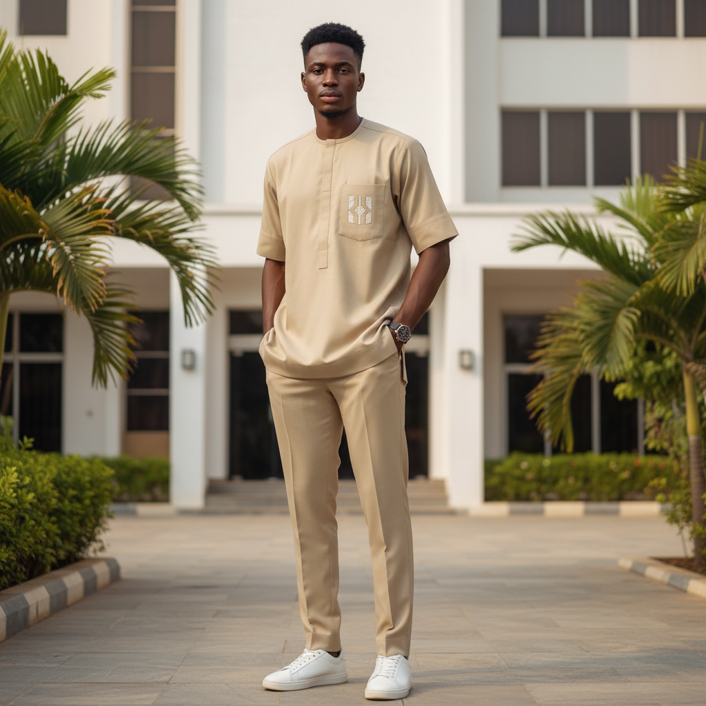 Model wearing khaki embroidered-pocket senator set