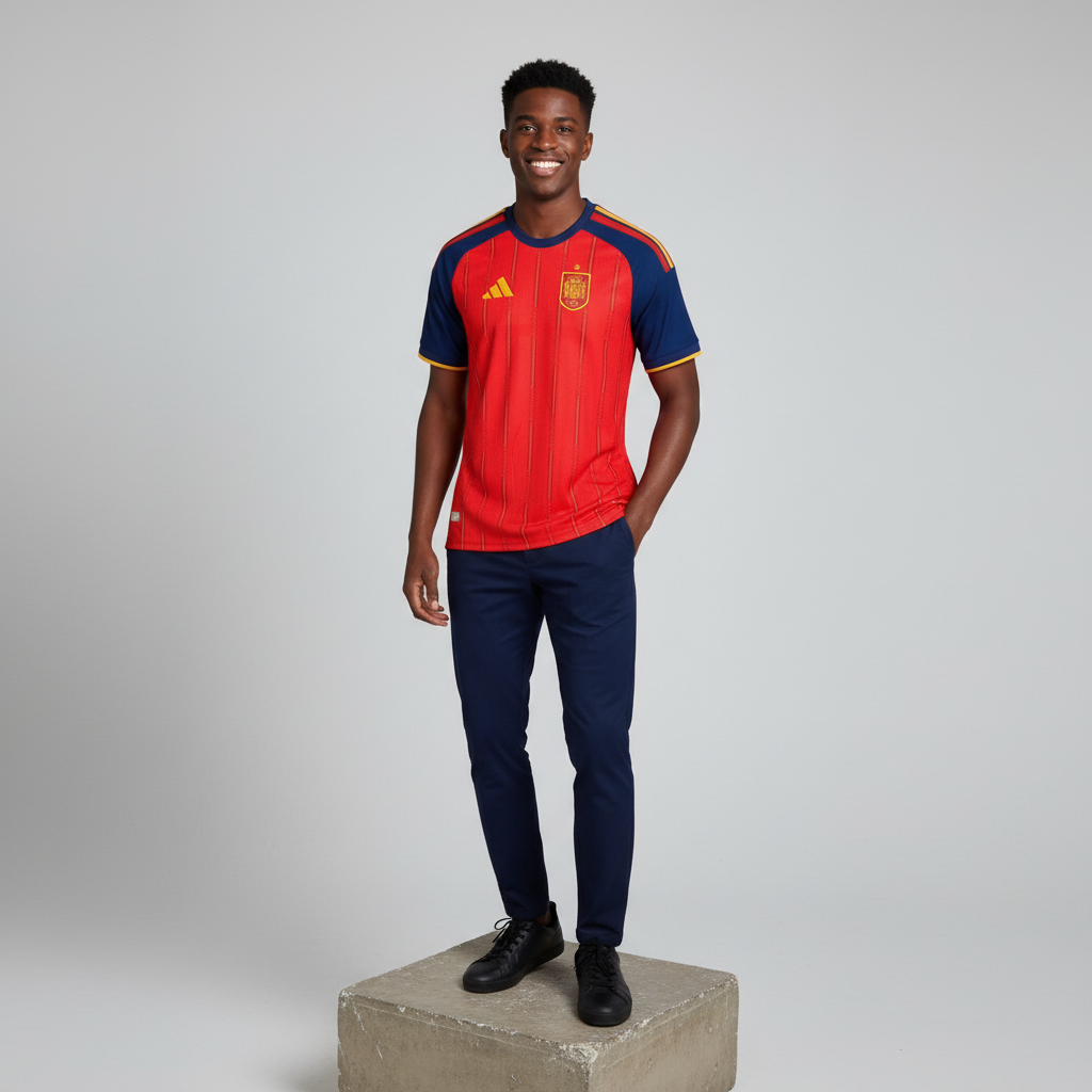 Nigerian male model wearing red gold pinstripe football jersey on concrete plinth