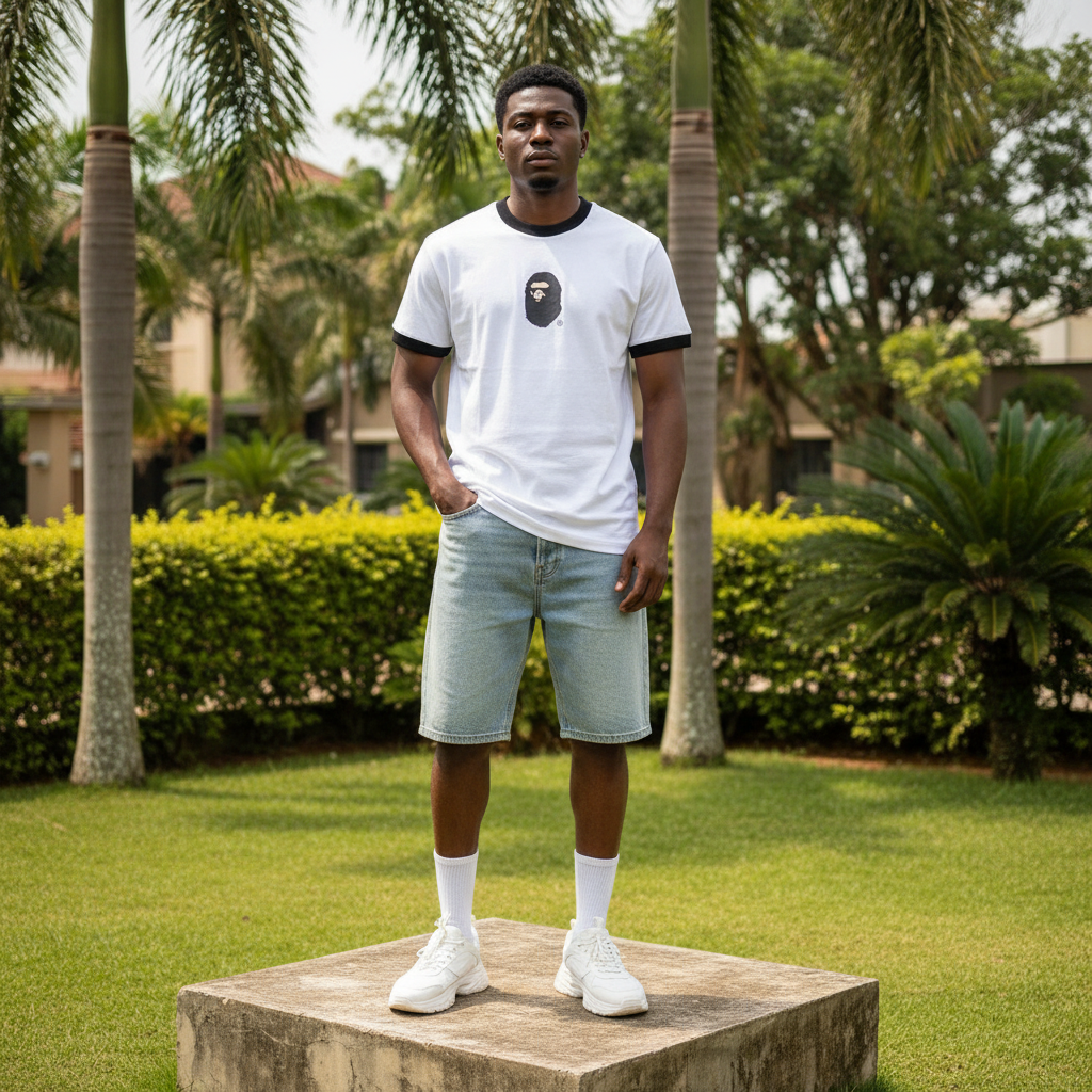 Men's White Black Trim Ringer T-Shirt Ape Graphic – Nigerian Male Model Shot