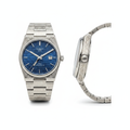 Silver engraved royal blue tapisserie dial dress watch — front and side view