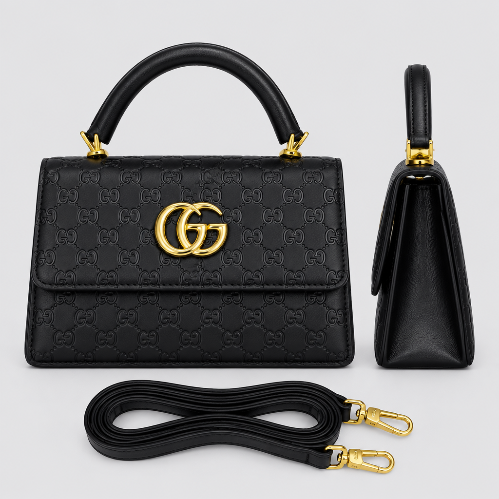 Black embossed handbag front and side views with matching strap