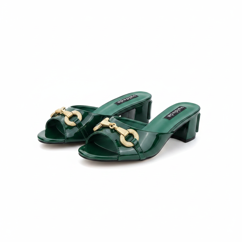 Ghost mannequin pair view of green patent leather horsebit chain block heel mules
