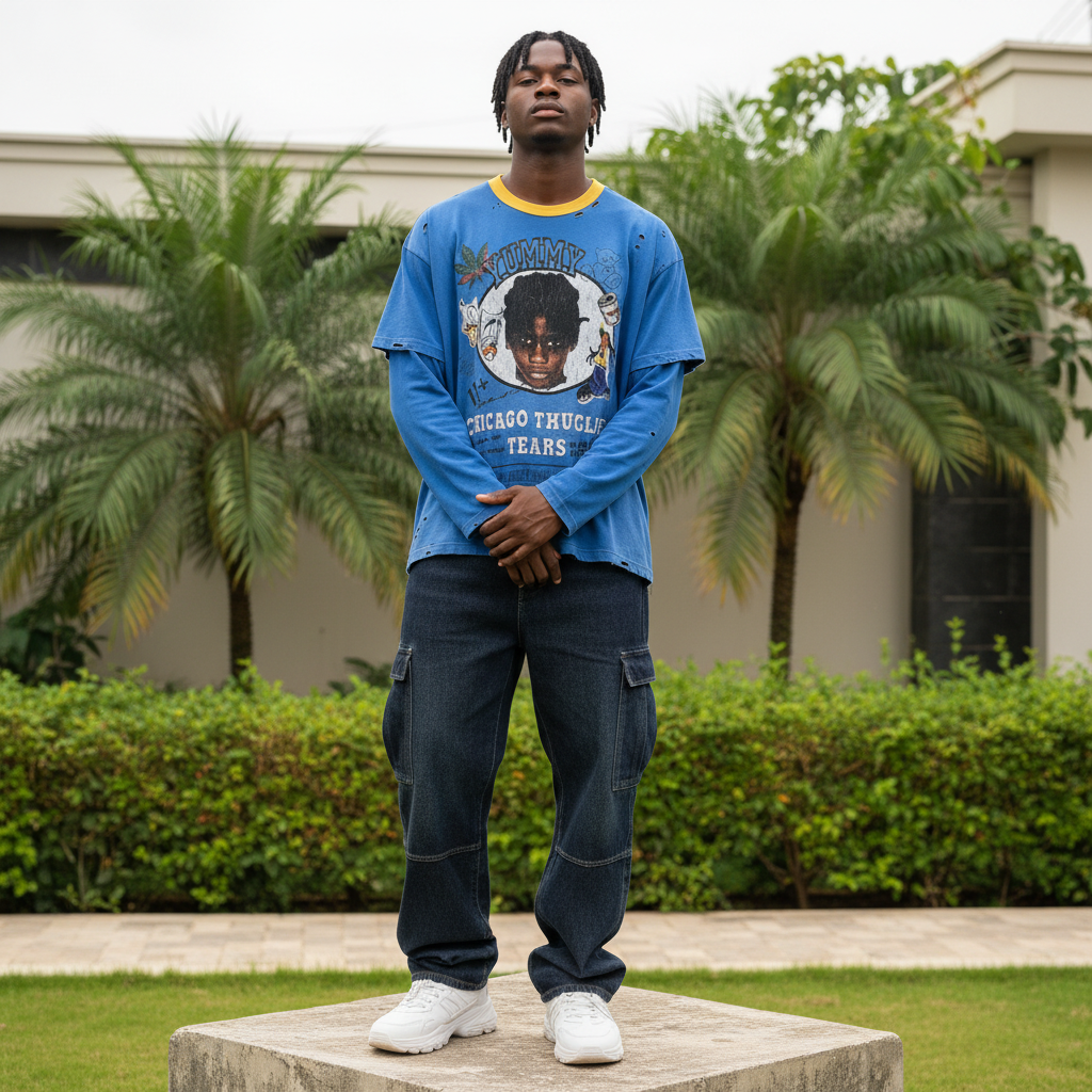 Men's Royal Blue Distressed Graphic Oversized T-Shirt – Nigerian Male Model
