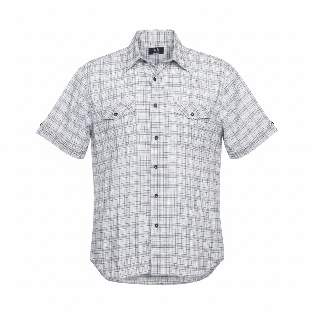 Ghost mannequin of white and blue plaid short-sleeved shirt on white background