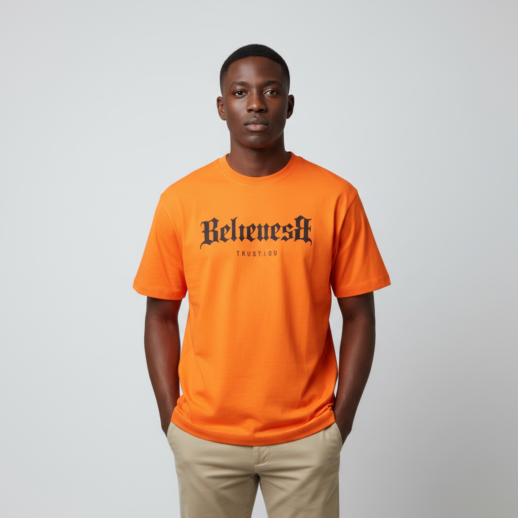 Model wearing the orange gothic script graphic t-shirt
