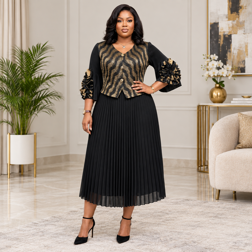 Adult Black woman wearing a black gold patterned pleated dress