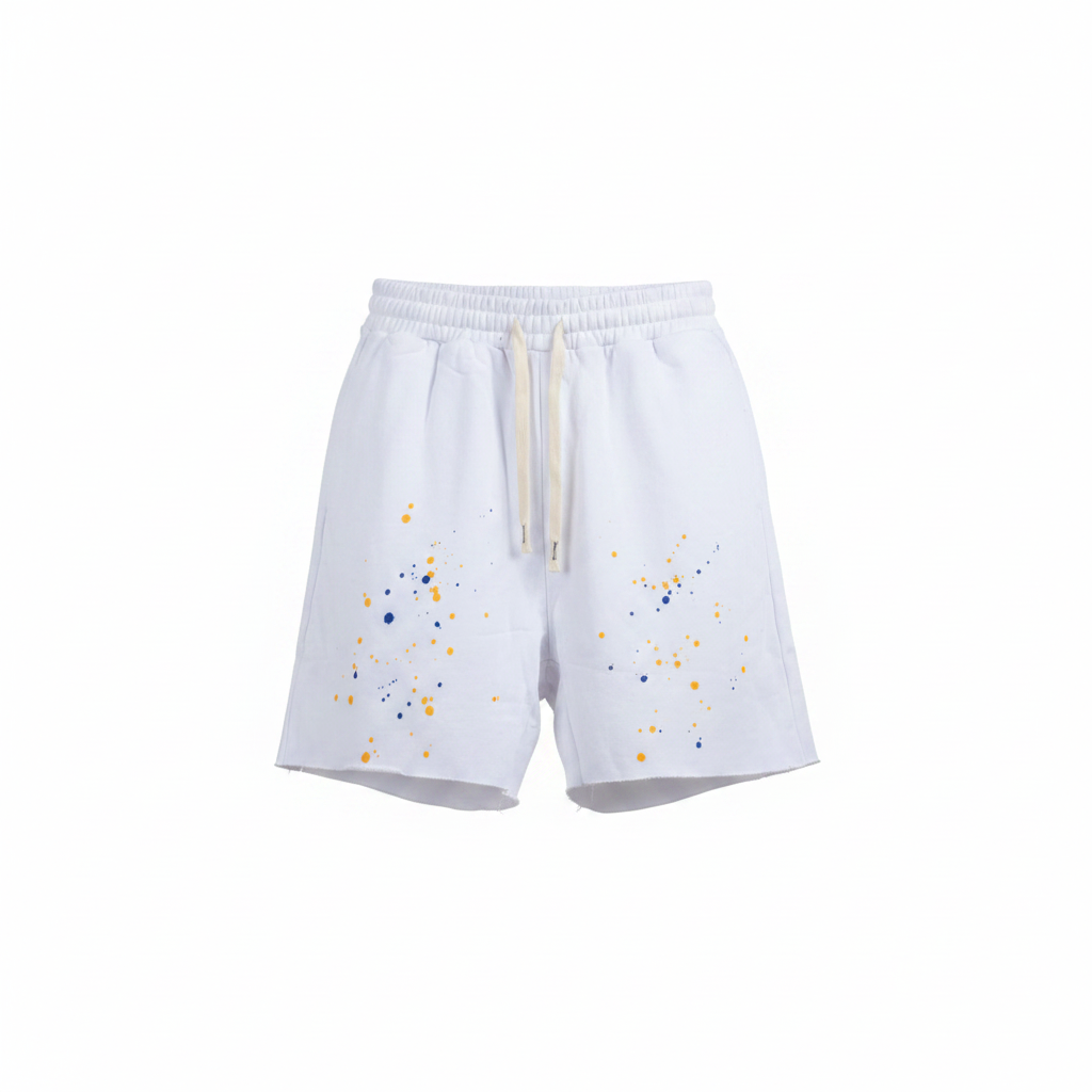 Men's white paint splatter raw hem sweat shorts — ghost mannequin front view