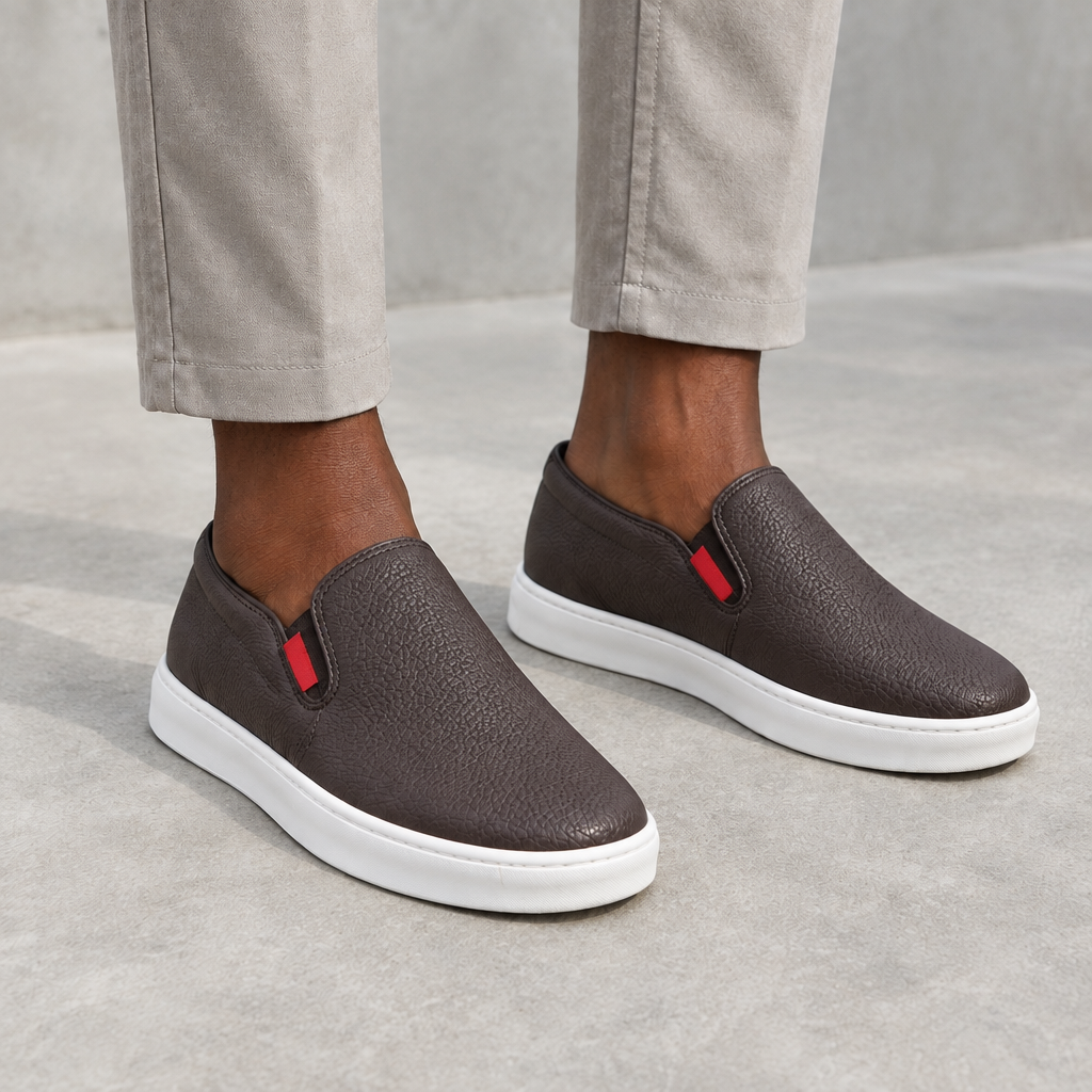 Dark brown textured slip-on shoes worn on both feet