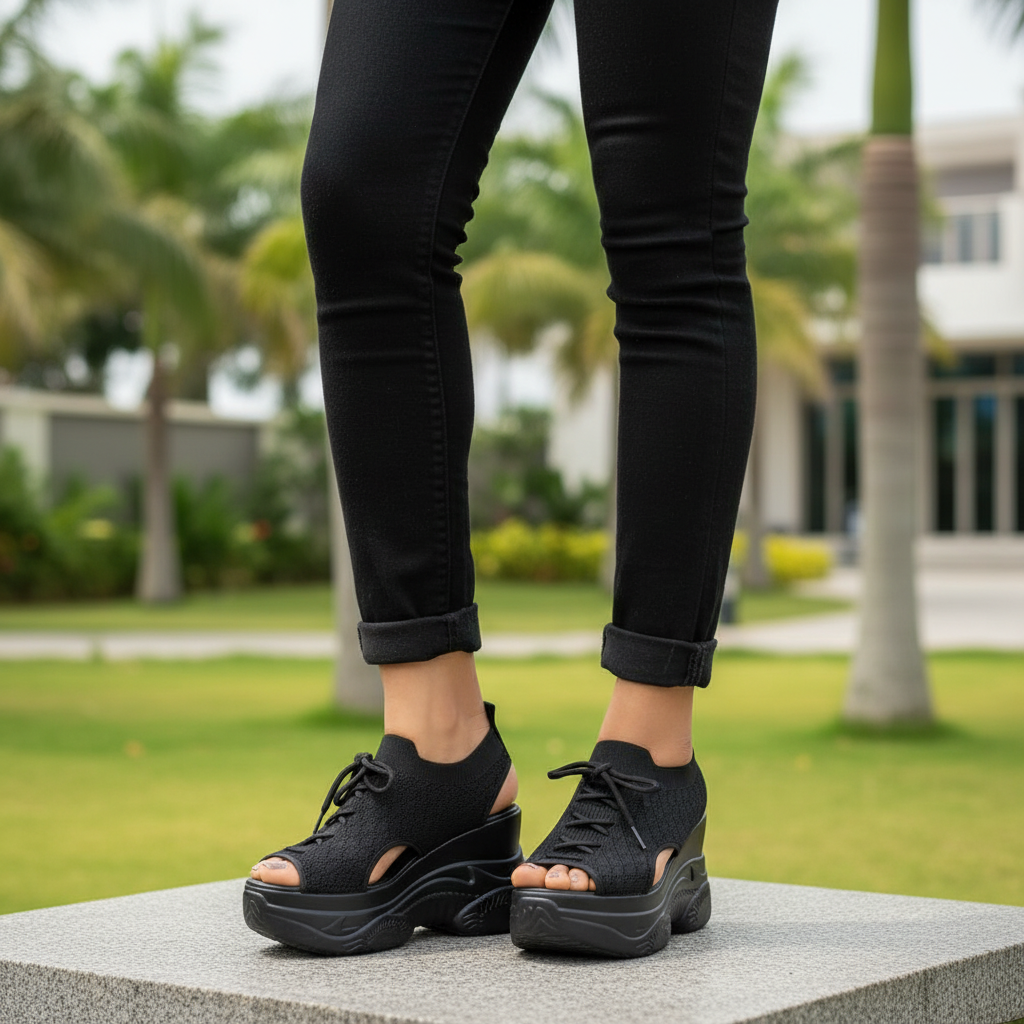 Leg focus shot of Nigerian female model wearing all-black peep-toe knit high wedge sneakers with dramatic platform sole