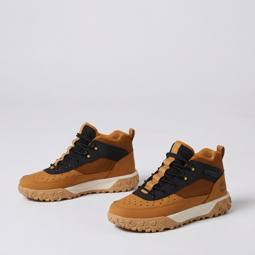 Pair of wheat mesh-panel rugged-sole sneakers in catalogue view