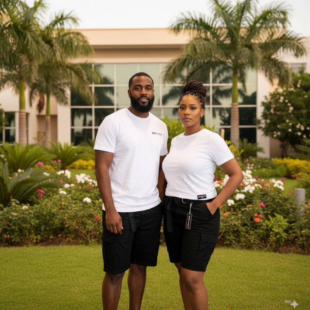 Nigerian male and female models wearing Unisex Black Cargo Shorts
