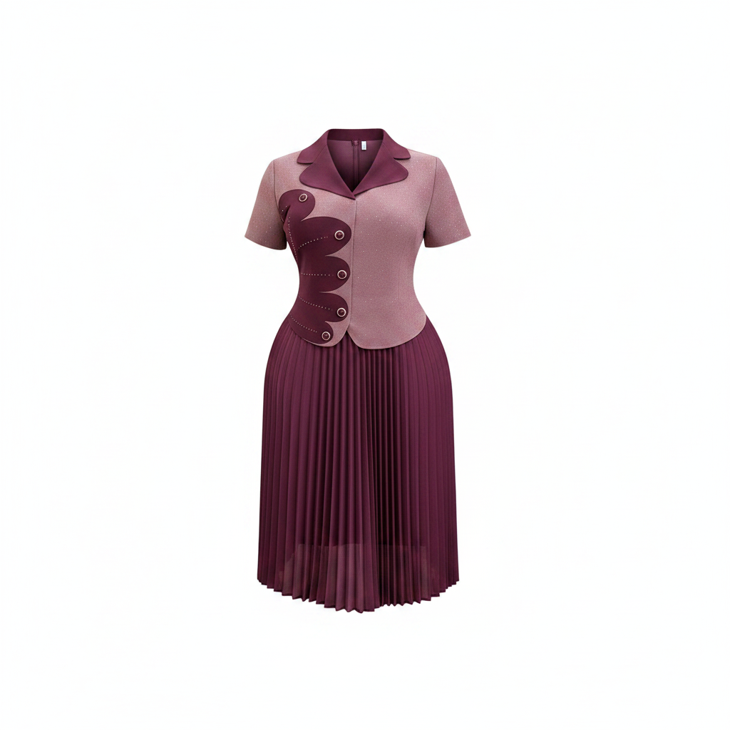 Mauve and deep plum two-tone pleated midi gown with scalloped button trim and sparkle detail, ghost mannequin view