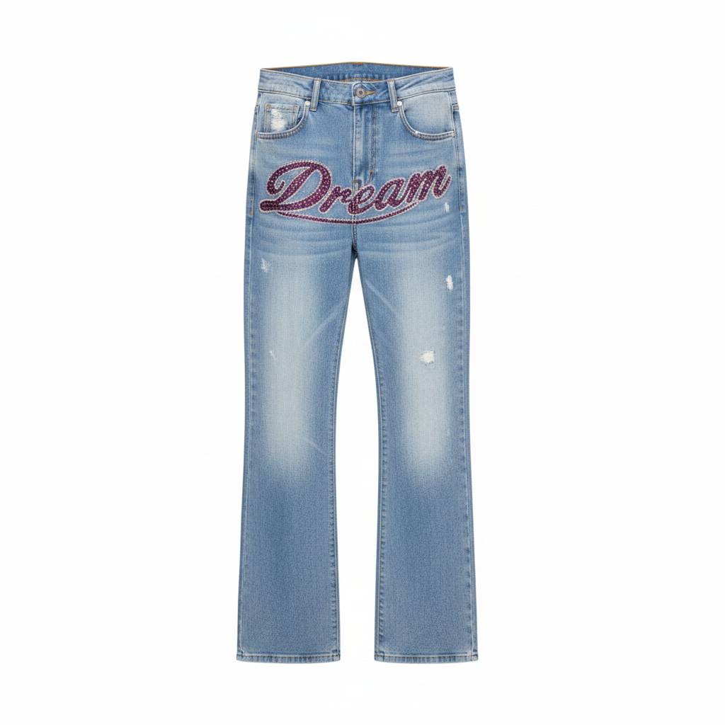 Men's light blue washed flared denim jeans with pink rhinestone cursive script and chain outline, ghost mannequin front view