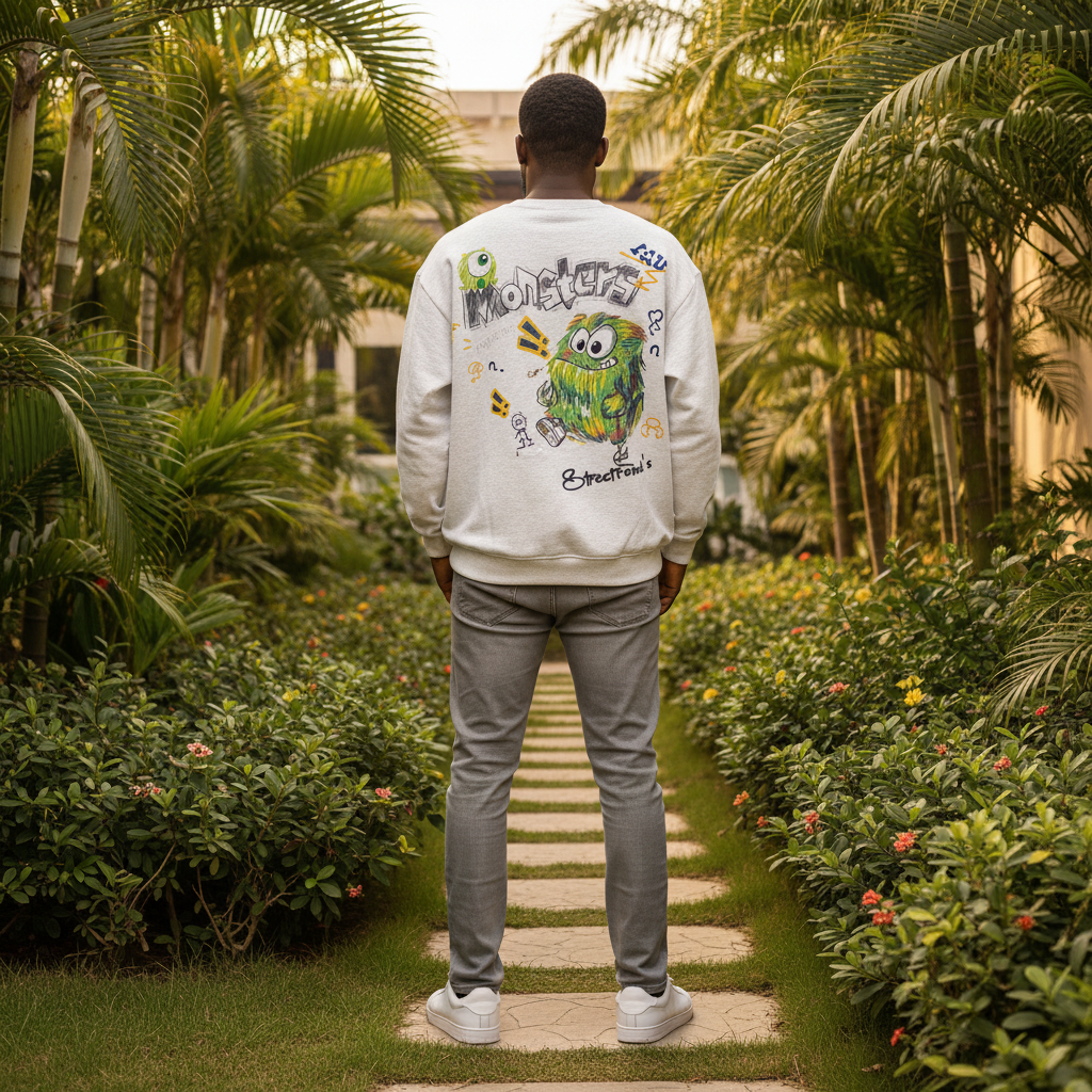 Nigerian male model wearing light grey sweatshirt with green monster cartoon back graphic – back view