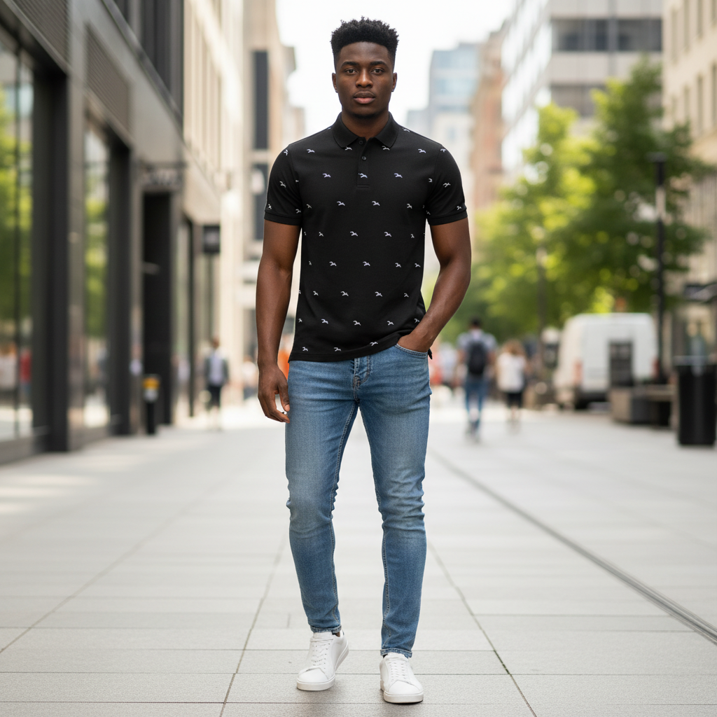 Young Nigerian male model wearing black flying bird print polo shirt