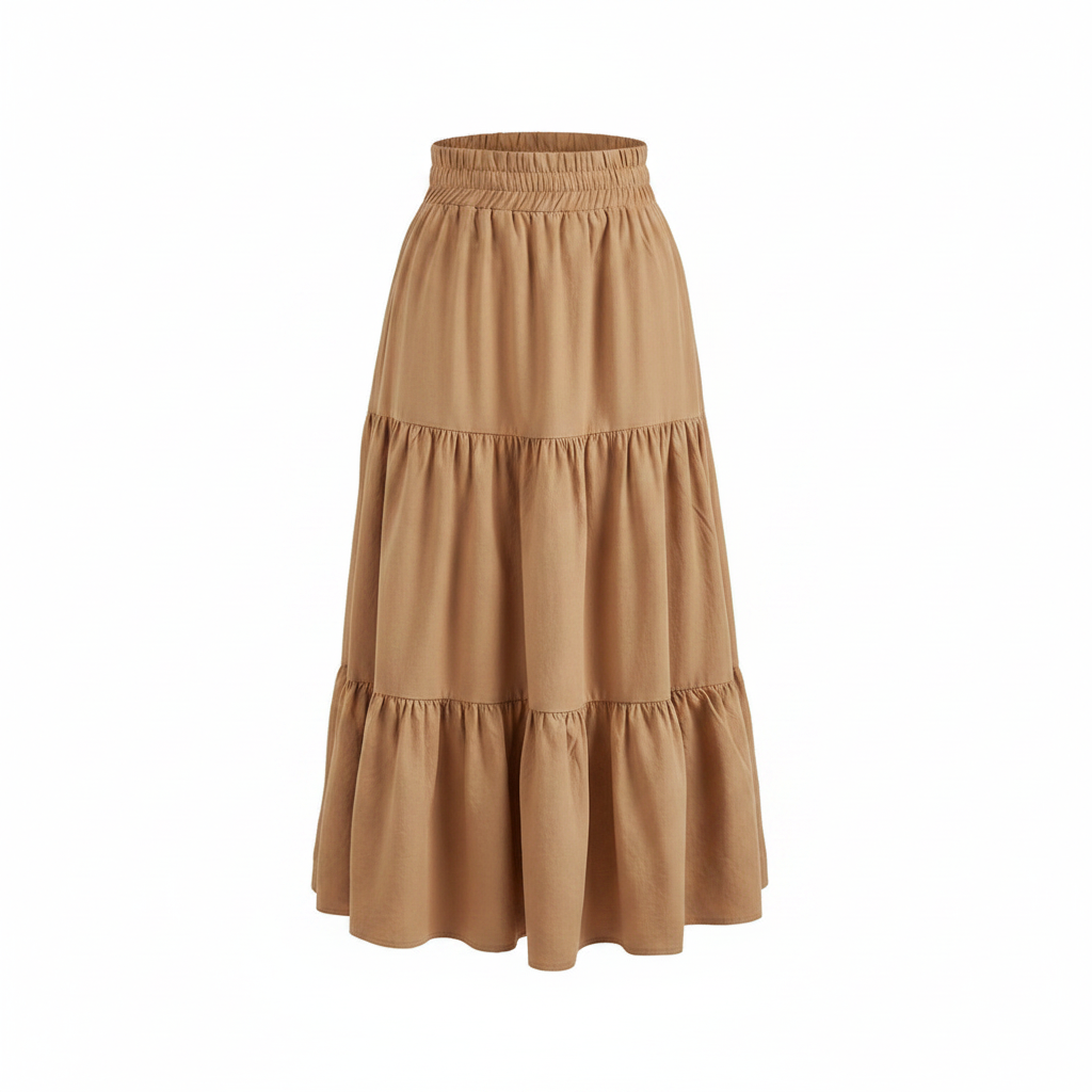 Ghost mannequin view of camel tiered A-line maxi skirt