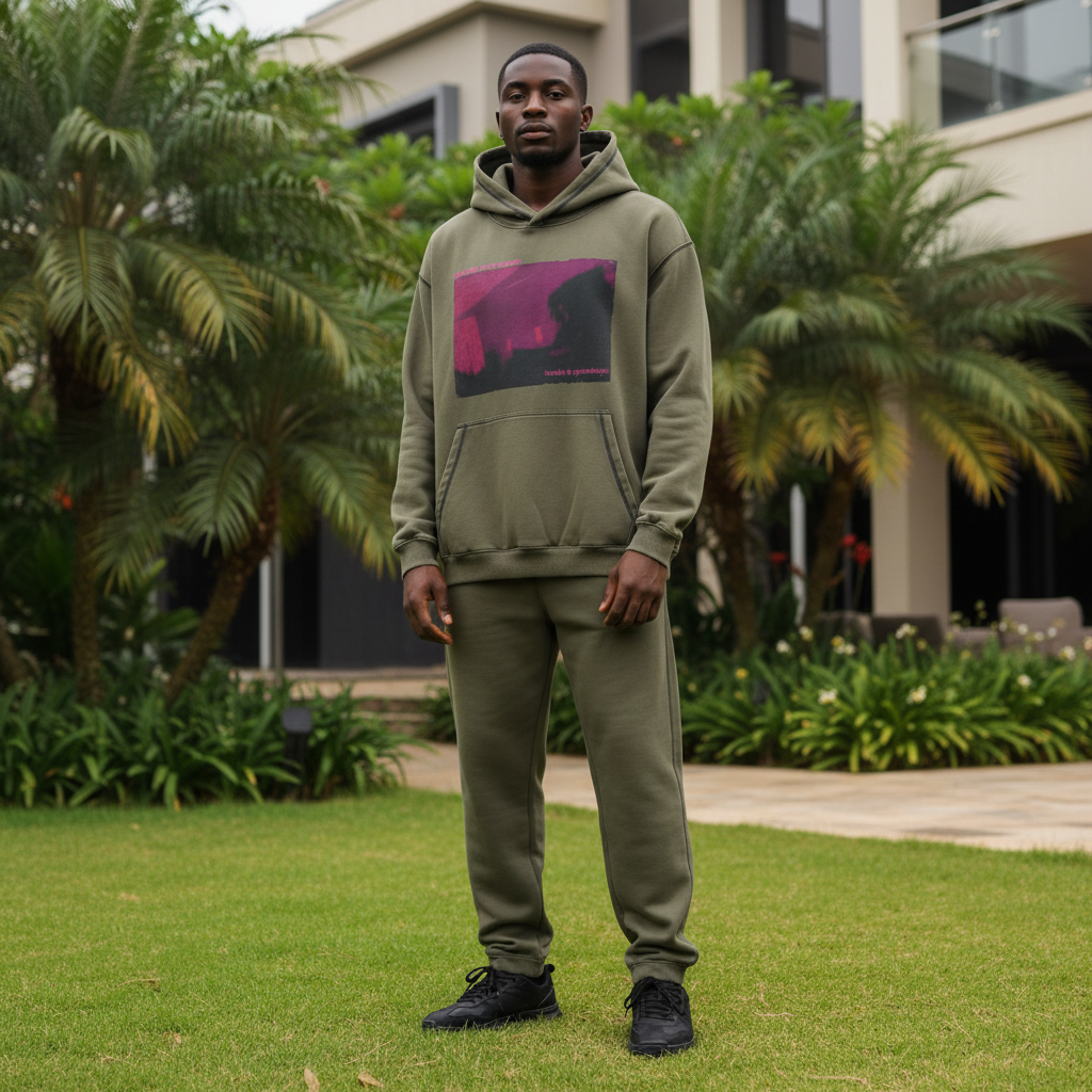 Olive concert graphic hoodie front view on Nigerian male model
