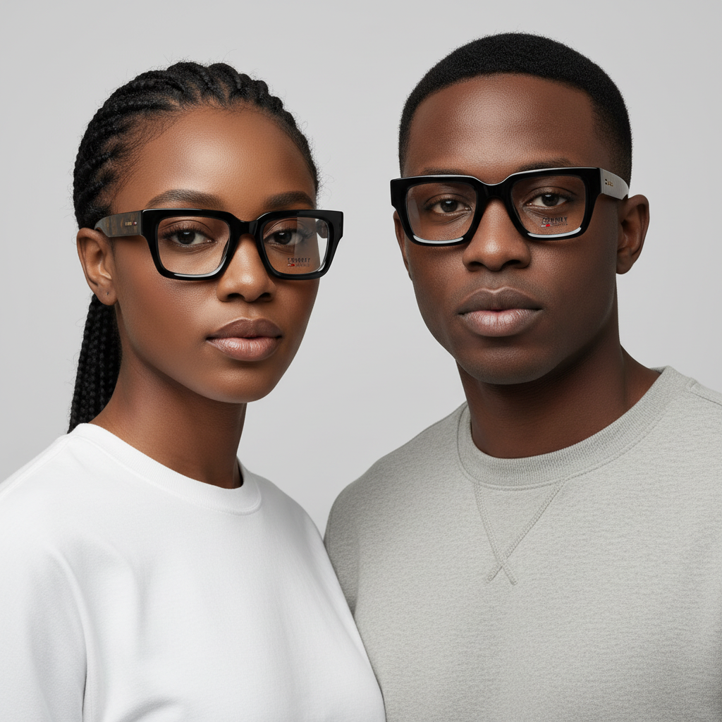 Nigerian female and male models wearing bold black and tortoise square frame optical eyeglasses