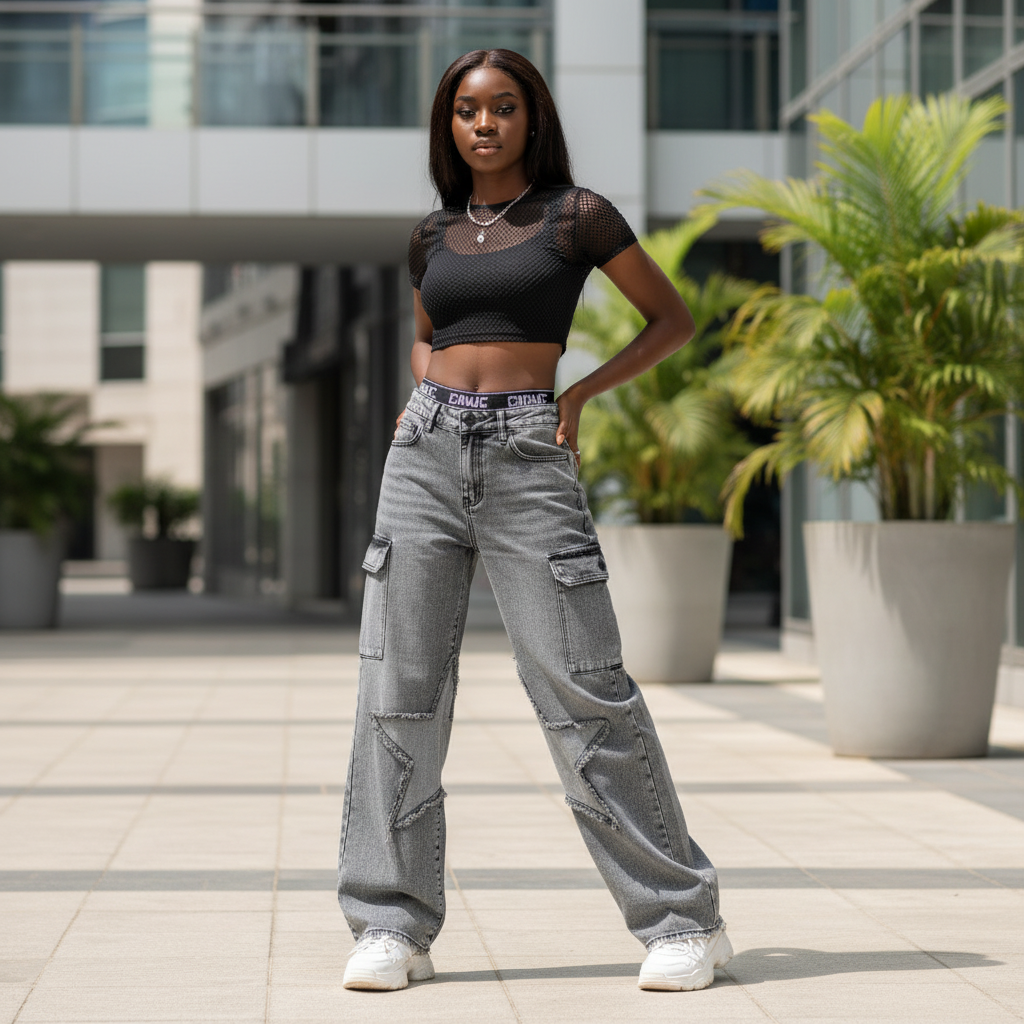 Nigerian teenage girl model wearing acid-wash star cargo jeans