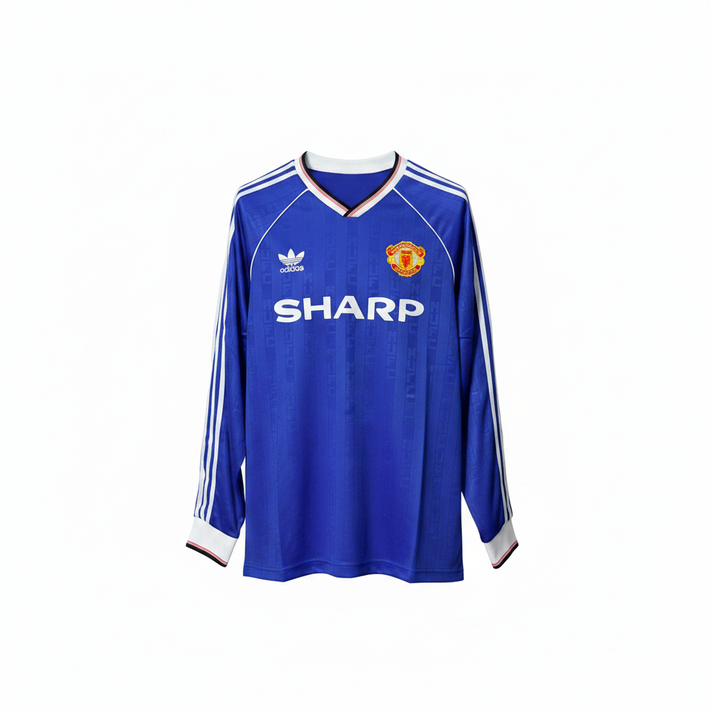 Royal blue long-sleeve retro football jersey with white three stripes — ghost mannequin front view