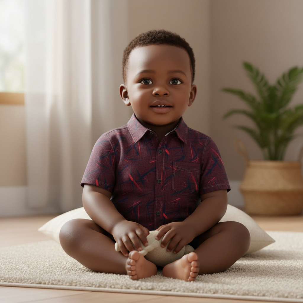 Young Nigerian baby boy wearing burgundy abstract print short-sleeve shirt