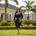 Nigerian female model wearing women's black houndstooth lapel collar and cuff trim bodycon midi dress