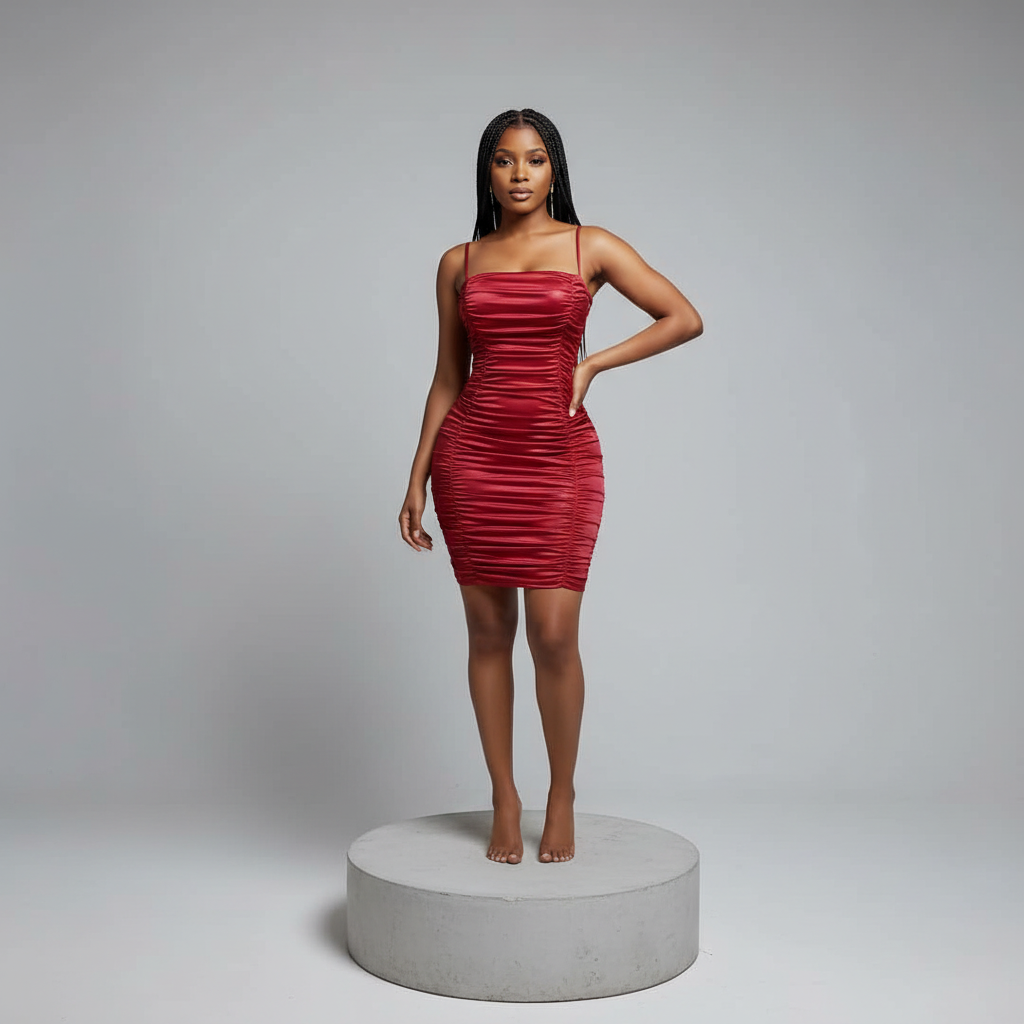 Red Ruched Lace-Up Back Satin Mini Dress – Model Shot