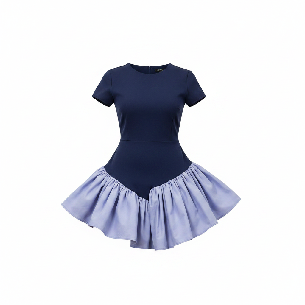 Ghost mannequin view of Women's Navy & Periwinkle Ruffle-Skirt Short-Sleeve Two-Tone Mini Dress