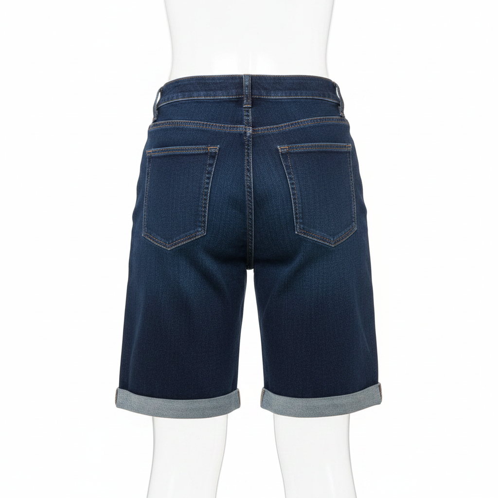 Dark Blue High-Waist Bermuda Denim Shorts – Back Ghost Mannequin