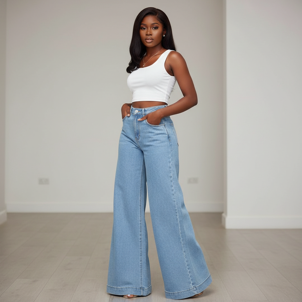 Light Blue High-Waist Wide-Leg Denim Jeans - Model Shot