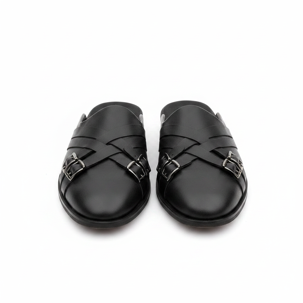 Men's black woven double-buckle leather half-shoe mule ghost mannequin view