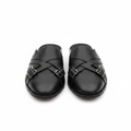 Men's black woven double-buckle leather half-shoe mule ghost mannequin view