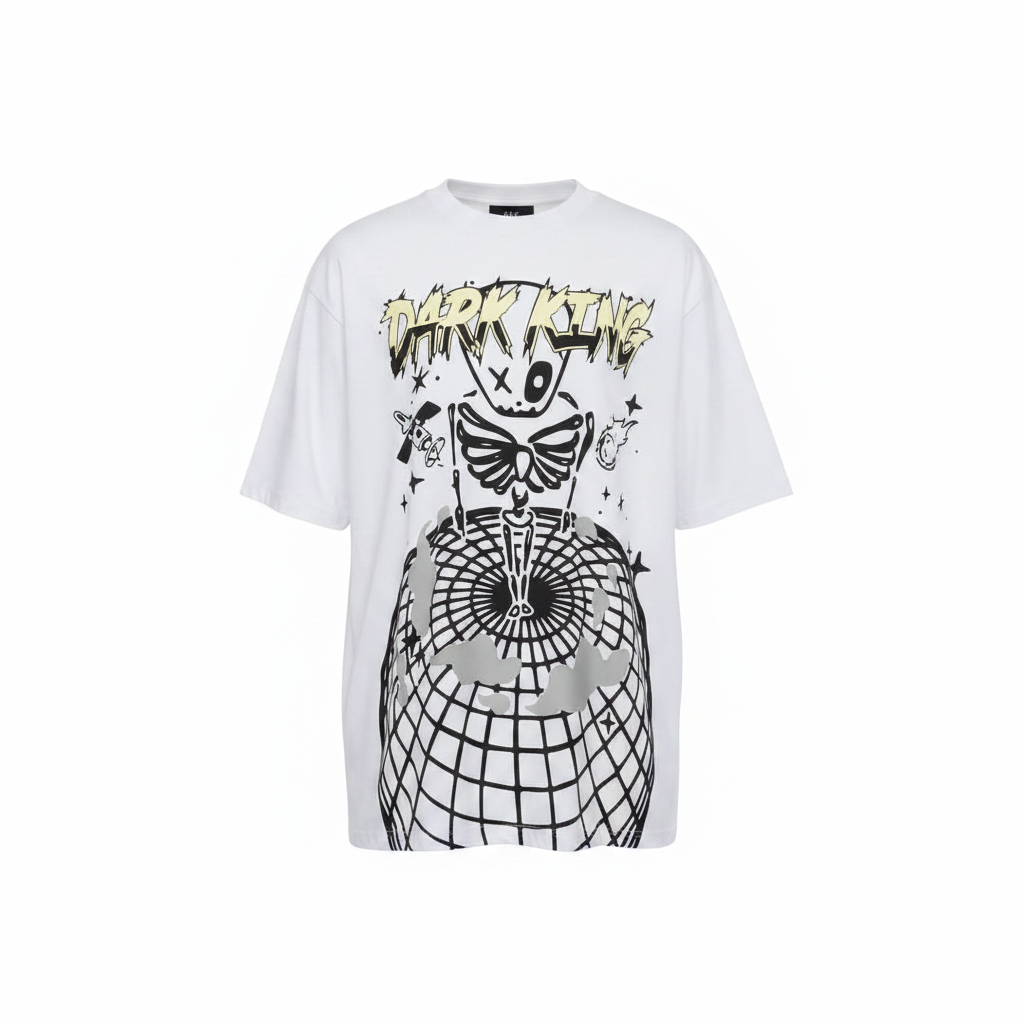 White Dark King Skeleton Globe Graphic Short-Sleeved Shirt - Ghost Mannequin Front