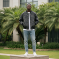 Men's Dark Grey Washed Oversized Bomber Jacket – Nigerian Male Model Shot