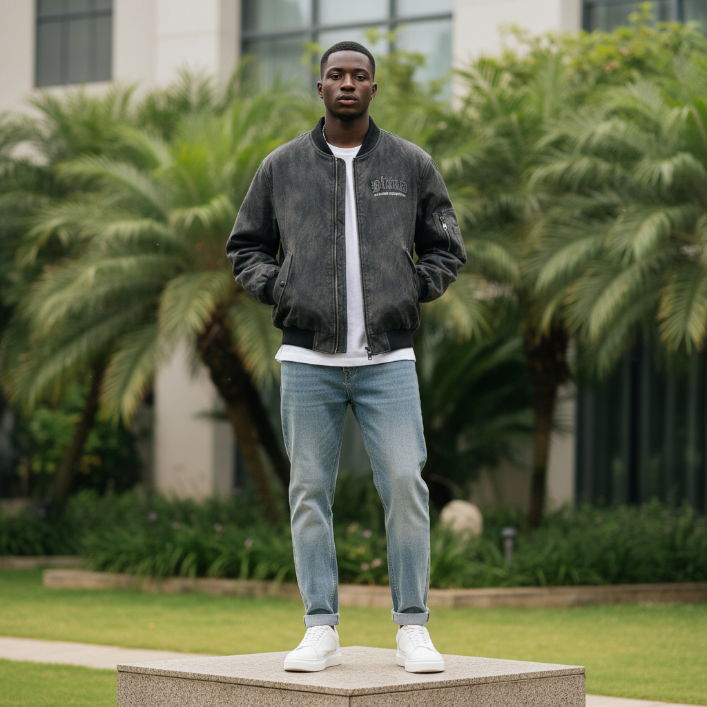 Men's Dark Grey Washed Oversized Bomber Jacket – Nigerian Male Model Shot
