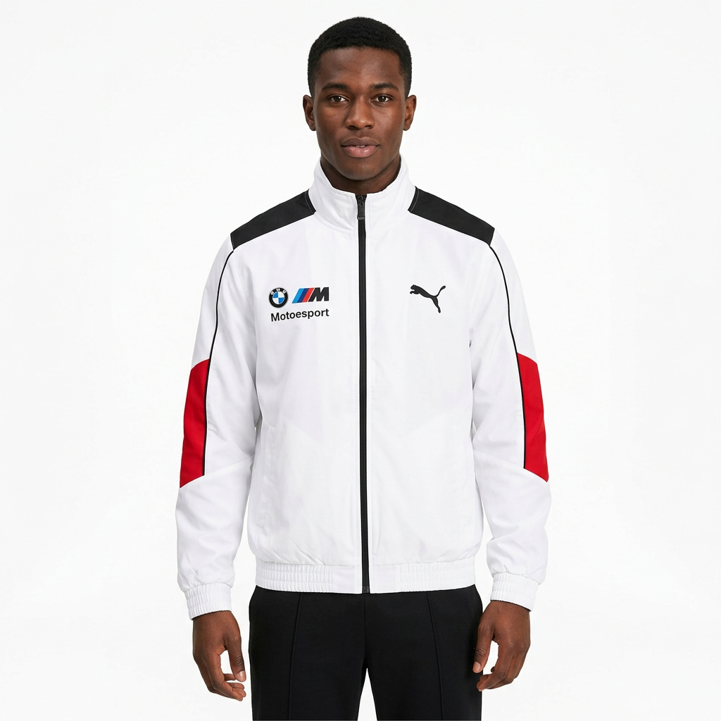 Nigerian male model wearing white colour-block zip-front track jacket against white